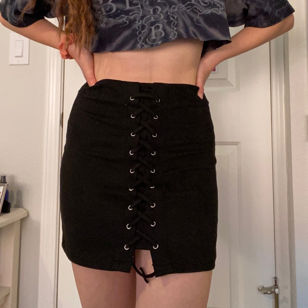 Black suede lace up mini skirt